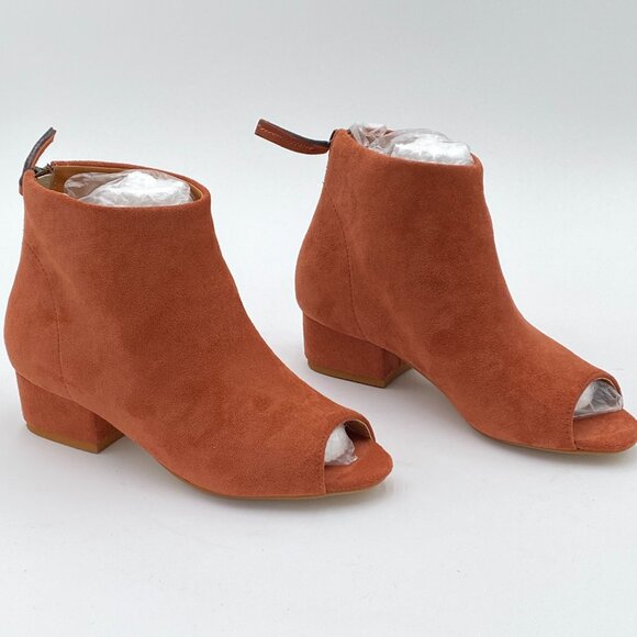Brown Suede Comfort Block Low Heels Ankle Bootie Peep Toe Back Zipper Shoes - Picture 1 of 5